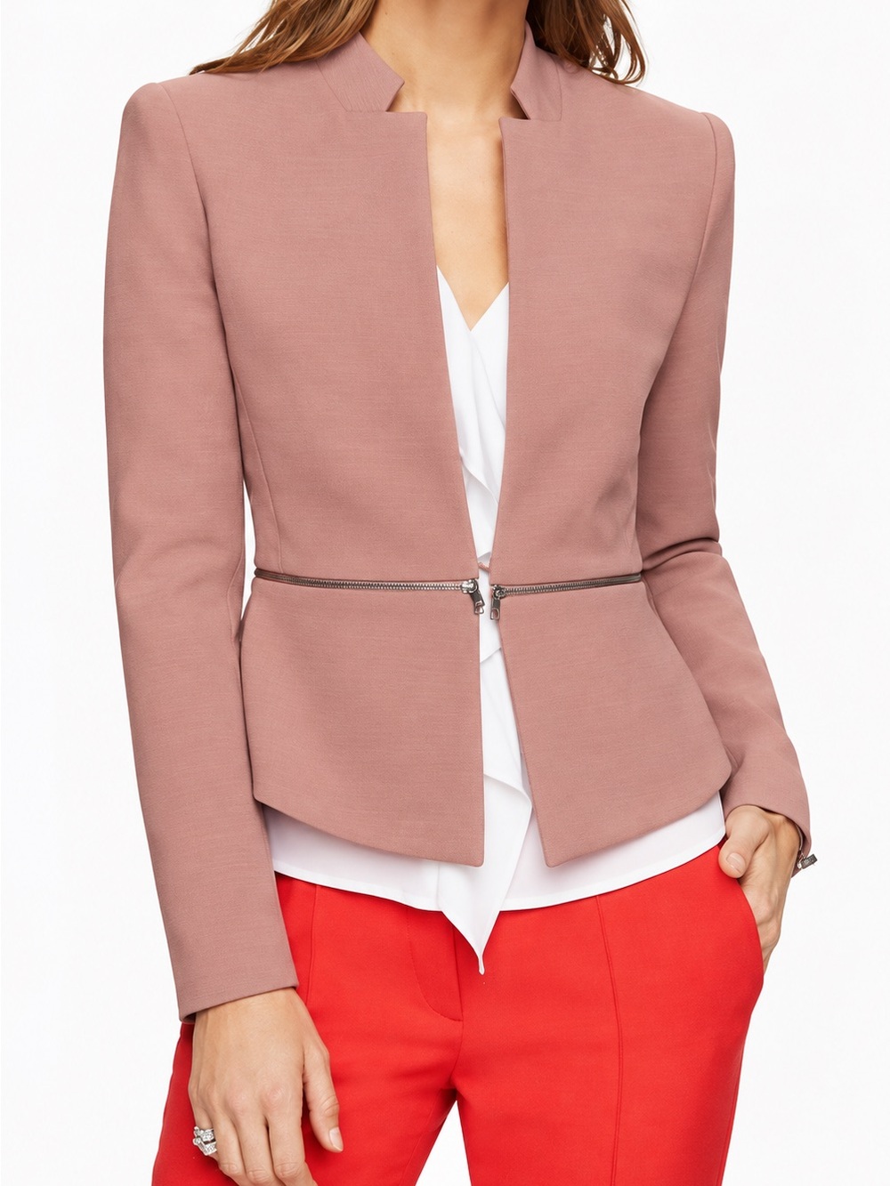BCBGMaxAzria BARRETTE Blush Pink Collarless Zip-Waist Blazer Size M